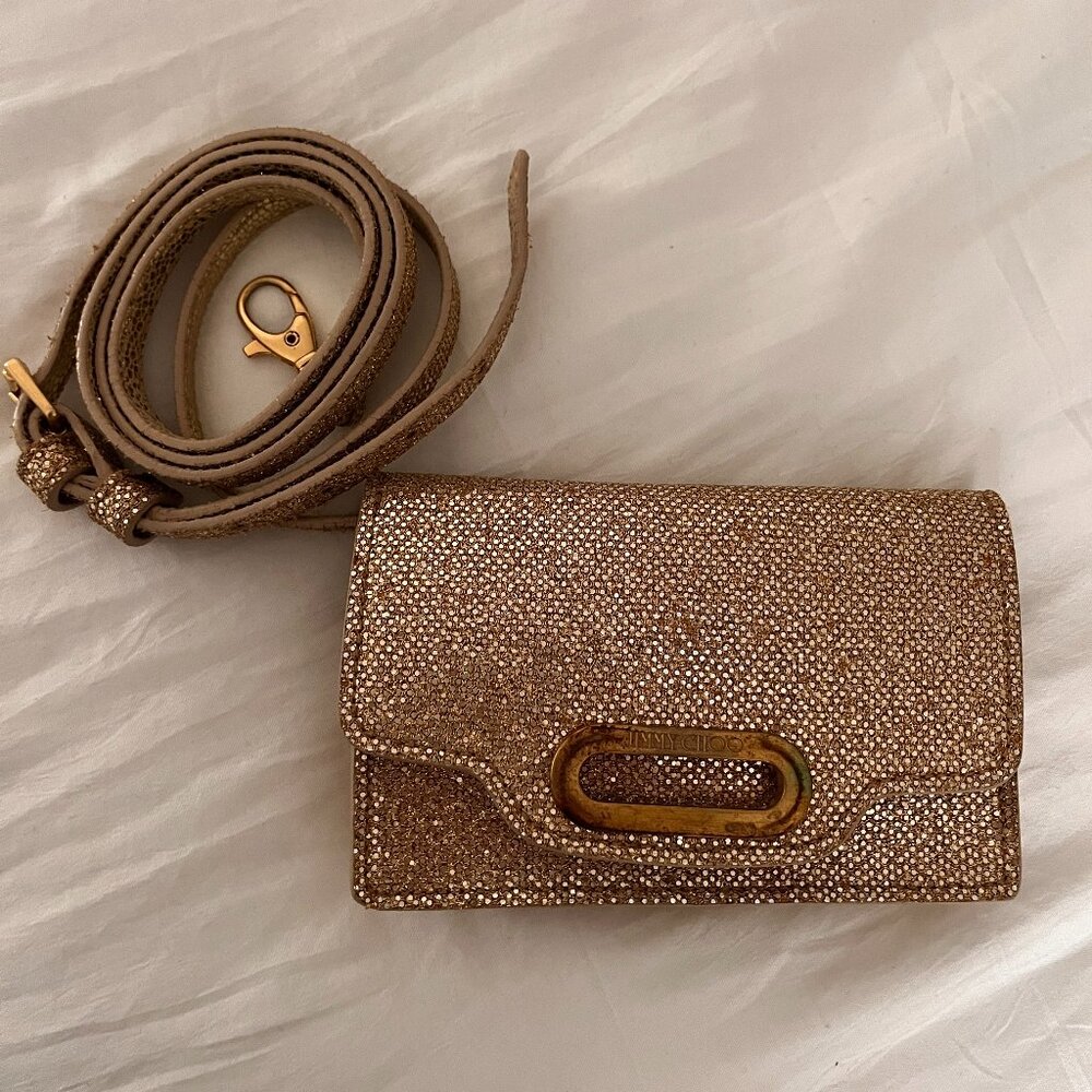 Jimmy Choo Gold Mini Crossbody or Belt Bag/Wallet